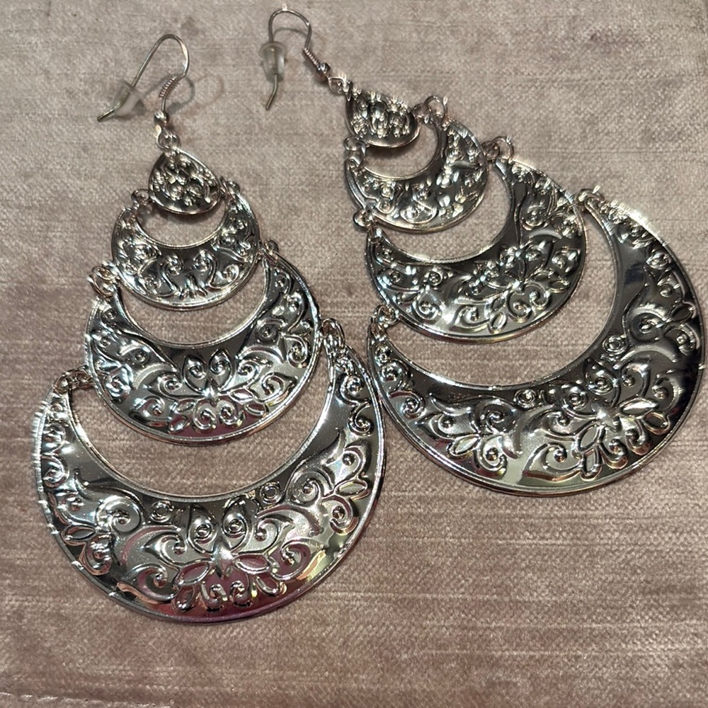 Vintage 80’s Silver Crescent Earrings with Ornate Design Lightweight 4”